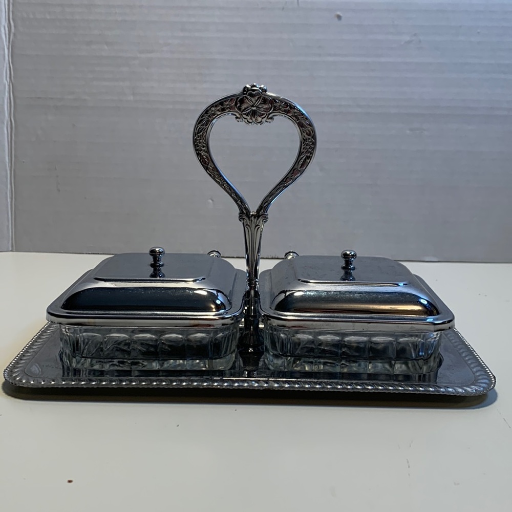 Vintage double serving tray with handle, silvery & crystal
